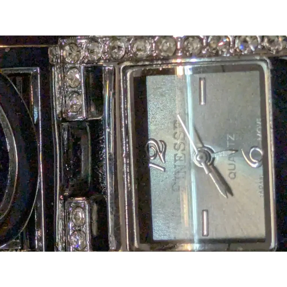 Vintage Finesse Silver Tone Rhinestone Tank Quartz Watch with Decorative Tin